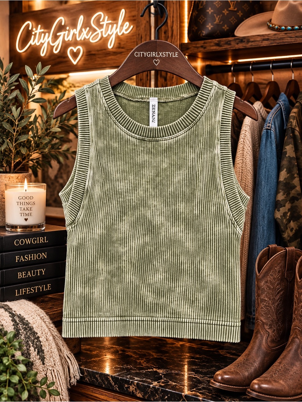 Zenana Knit Ribbed Tank Top - Sage Green